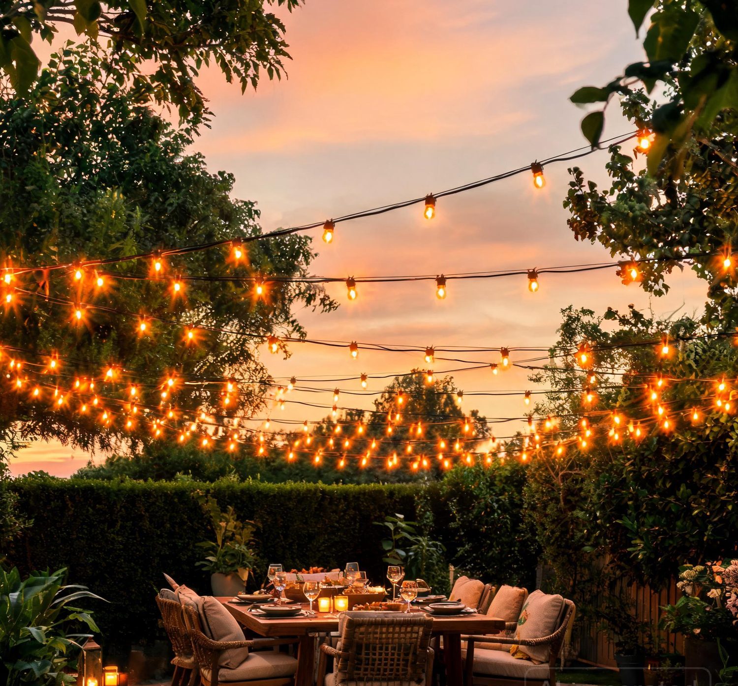 Patio glowing with solar string lights